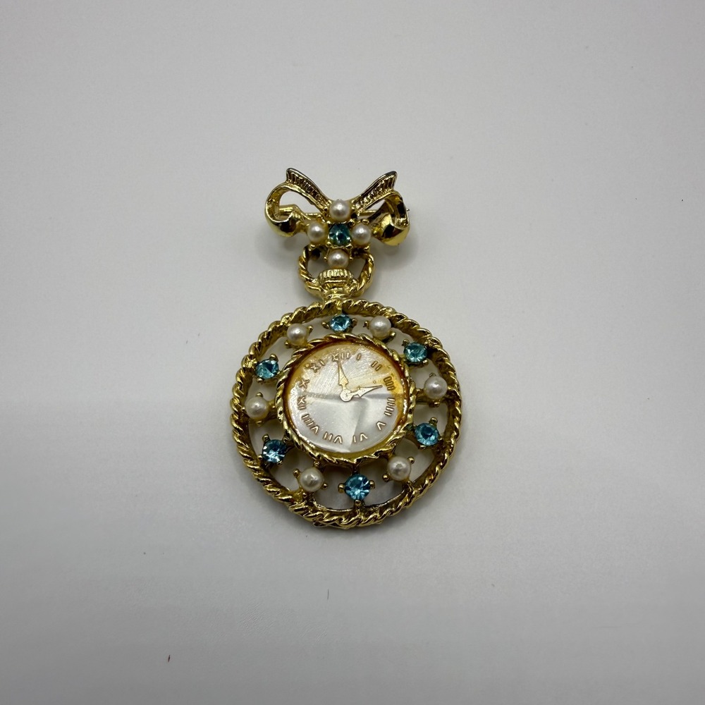 Vintage Gold Tone Bow Watch Pendant Brooch Blue‎ Rhinestone Faux Pearl Pin
